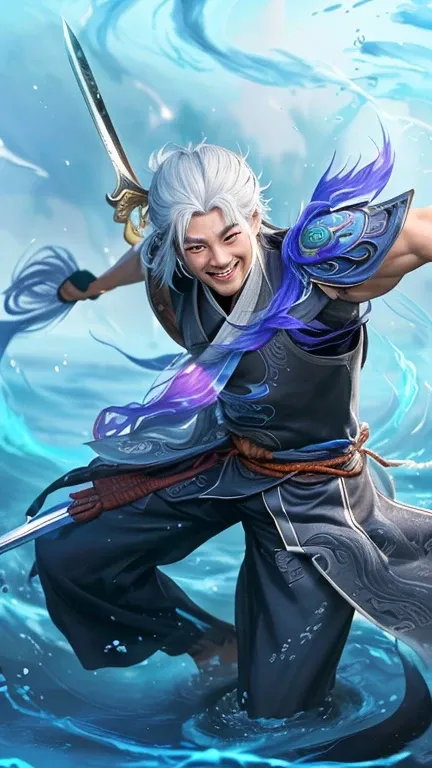 close up of a person smiling with a sword in a body of water, has a muscular body, heise jinyao, inspired by Shen Zhou, g liulian art style, inspired by Huang Shen, zhongli from genshin impact, keqing from genshin impact, zhao yun, official water splash ar...