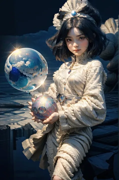 Girl in the middle with a luminous crystal ball