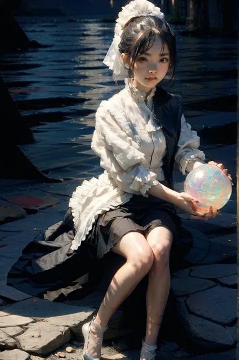 Girl in the middle with a luminous crystal ball