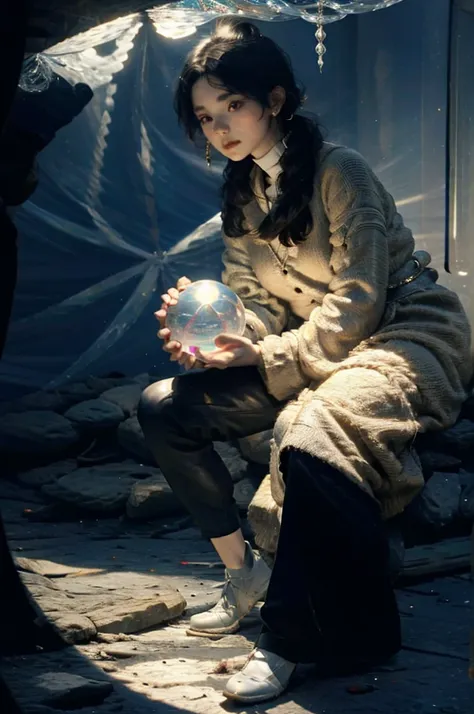 Girl in the middle with a luminous crystal ball