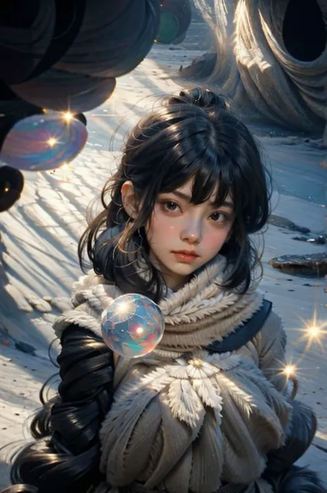 Girl in the middle with a luminous crystal ball