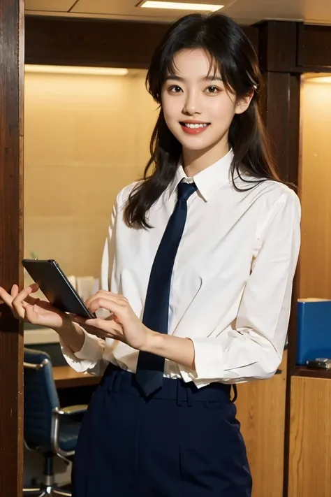 woman in her early 20s,alone, natural smile with visible teeth, office lady, navy business suit , use your palm to navigate the ...