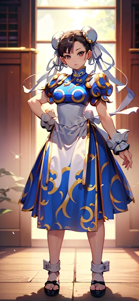 (Chun-Li:1.4),((masterpiece)), ((best quality)), ((ultra detailed)), ((kawaii)), cute, (lovely), ((extremely detailed)), ((8K)), (beautiful), full body,solo, standing,tiny breast