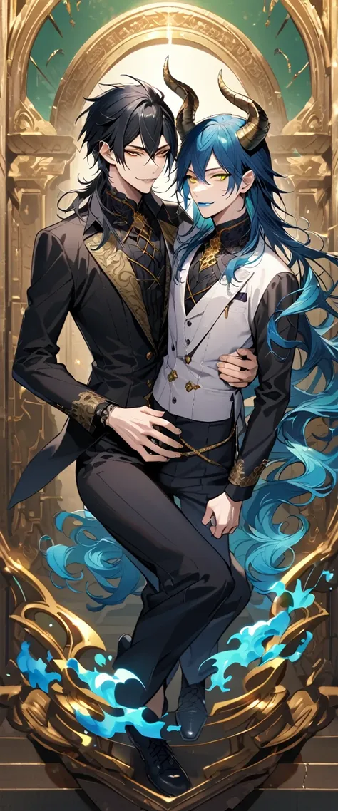 (pieces fly), (highest quality), very detailed, ((two men)), perfect face, beautiful face, very detailed face，full body shot, (black haired man:1.3)，(blue haired man:1.3)，suit，shirt，smile，flower, (1st boy,Idia Shroud, bishounen, boy, male, extremely long h...