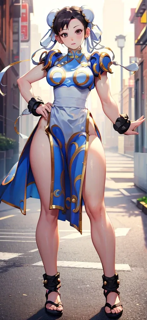 (Chun-Li:1.4),((masterpiece)), ((best quality)), ((ultra detailed)), ((kawaii)), cute, (lovely), ((extremely detailed)), ((8K)), (beautiful), full body,solo, standing,tiny breast