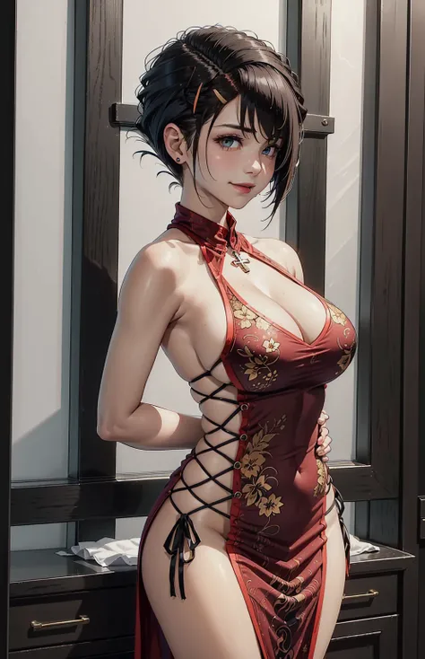 (Adult woman), (tomboy hair style:1.9),alone, masterpiece,huge breast, looking at viewer, detail eyes, (detail face:1.2), standing,  (front view), (Sideless Cross-Laced China Dress), (half body shot:1.5), looking at viewer, (cleavage), red and black dress,...