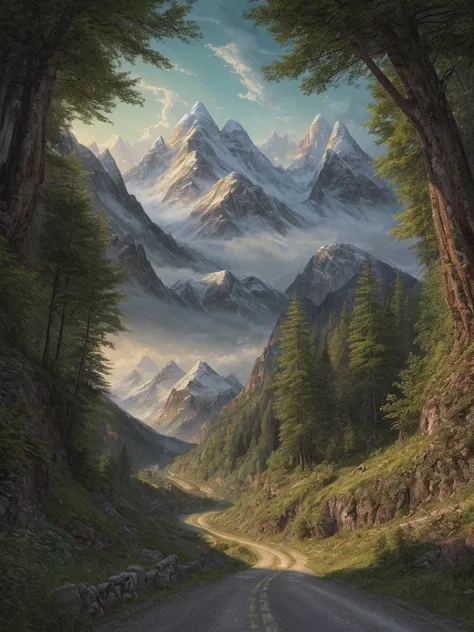 Painting of a mountain scene with a road passing through it, Matte painting by Alexander Kucharsky., shutter stock, fantasy art, beautiful natural scenery, Highly detailed 4k digital art., Nature wallpapers, Hyper-realistic landscape, Made of trees and fan...