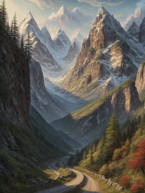 Painting of a mountain scene with a road passing through it, Matte painting by Alexander Kucharsky., shutter stock, fantasy art, beautiful natural scenery, Highly detailed 4k digital art., Nature wallpapers, Hyper-realistic landscape, Made of trees and fan...