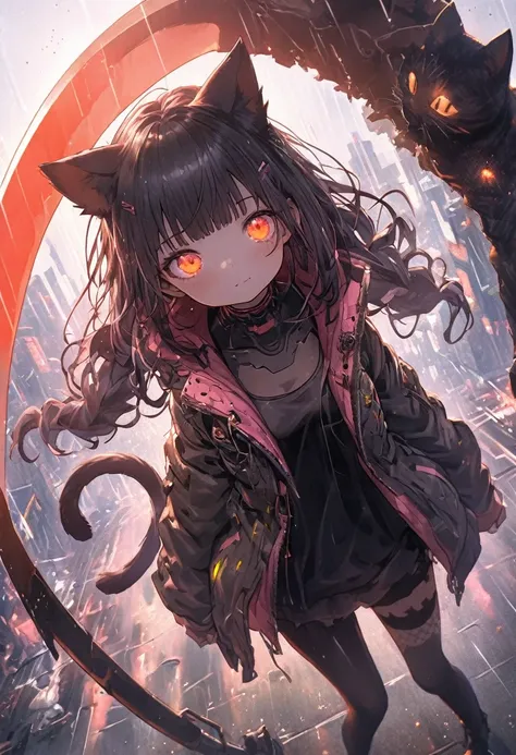 Detailed silhouette of a cyberpunk girl with cat ears and a tail, Flowing, Tattered coat, He carries a giant scythe with a mechanical cat design on it.., Stand on the glossy, Minimalist Reflective Surface, Depth, Dynamic Angle、Particles that glow throughou...