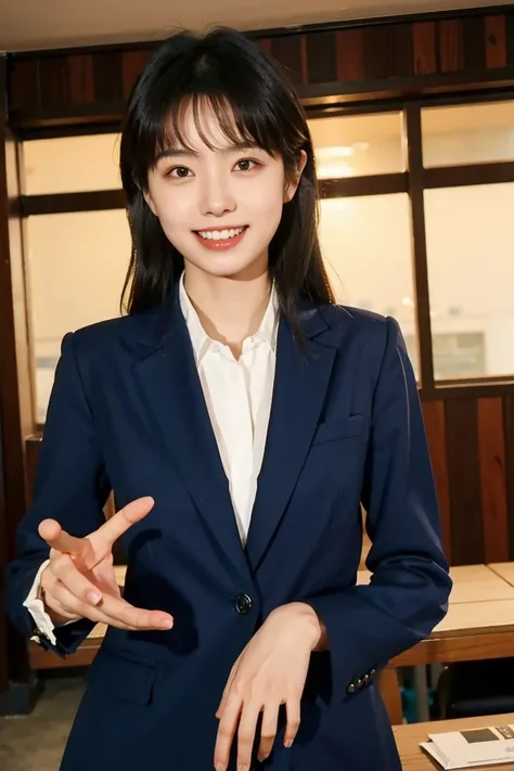 Woman in her early 20s,alone, Natural smile with visible teeth, Navy business suit , Use your palm to navigate the menu on the side, View your viewers