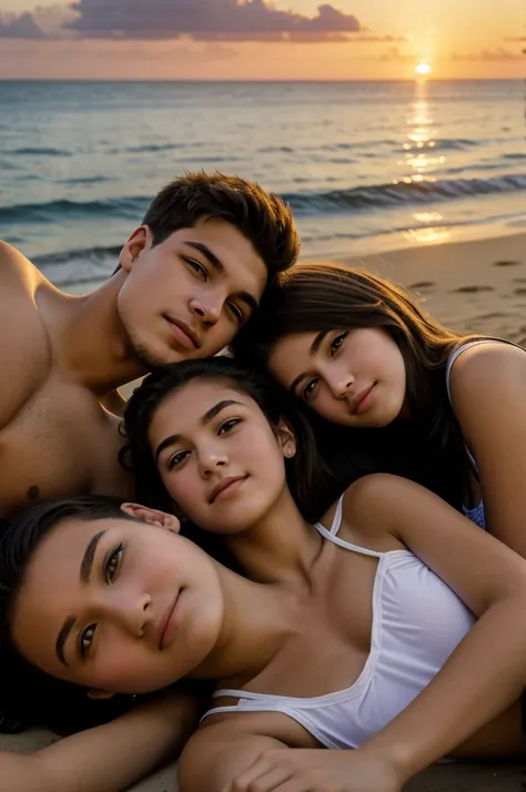 A young teenage couple watching the sunset, the beautiful young woman lying on the young man&#39;s shoulder