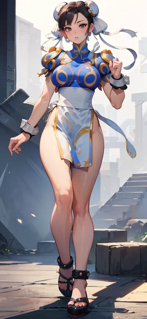 (Chun-Li:1.4),((masterpiece)), ((best quality)), ((ultra detailed)), ((kawaii)), cute, (lovely), ((extremely detailed)), ((8K)), (beautiful), full body,solo, standing,tiny breast