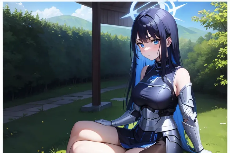 1girl,solo, saorijoumae, saori joumae, blue eyes, blue hair, halo, long hair, sitting, looking at viewer, adventurer clothes, light armor, outdoors, upper body