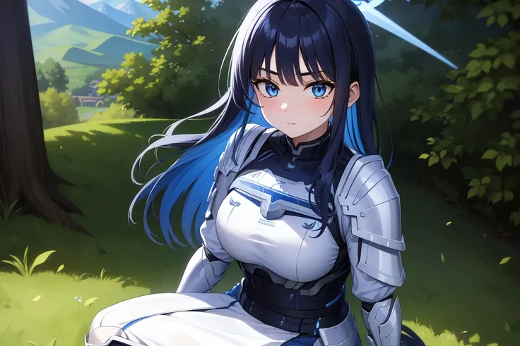 1girl,solo, saorijoumae, saori joumae, blue eyes, blue hair, halo, long hair, sitting, looking at viewer, adventurer clothes, light armor, outdoors, upper body