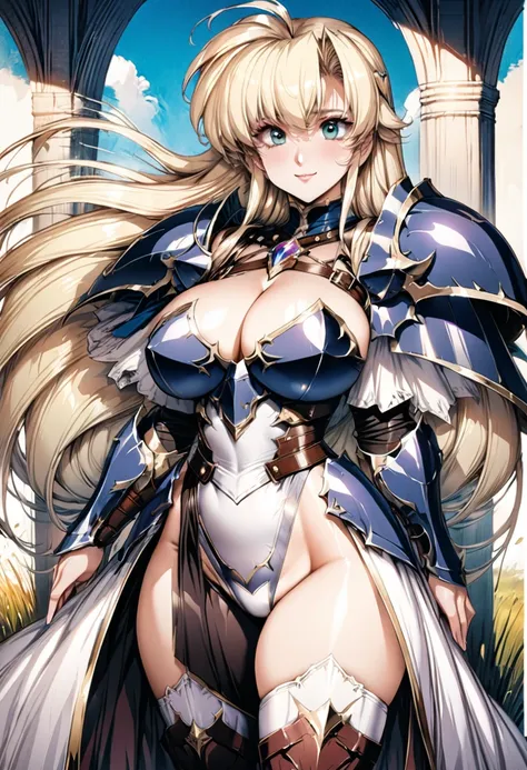 ((highest quality)), ((masterpiece)), ((hyperrealistic)), (detailed background), solo, 1girl, ((curvy: 1.2)), kawaii, smile, dark princess, ((armored dress: 1.3)), langrisser, blonde braided long hair, Ahoge, (jewel paladin armor), ((Tight-fitting leotard ...