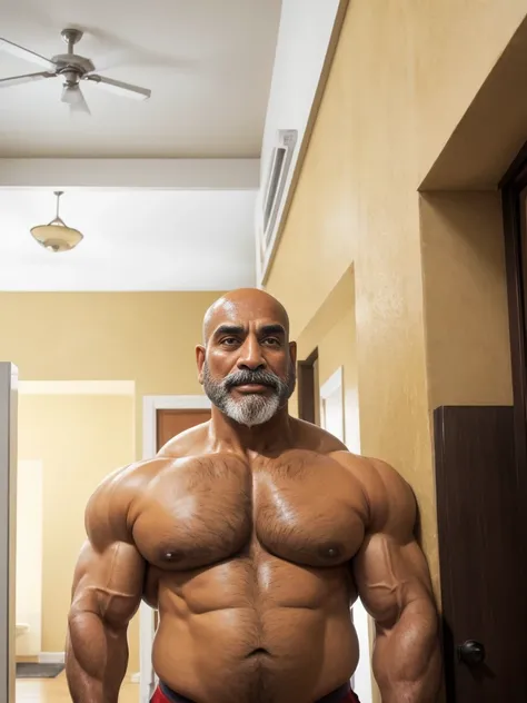 2boys, A handsome mature old indian dad with a massive beard and no shirt standing in front of a door,bald head,hyper muscular, pumped, roids, huge pecs, arms, biceps, shoulders, male focus, centered, tan skin, dom, ((size difference, hug from behind)), me...