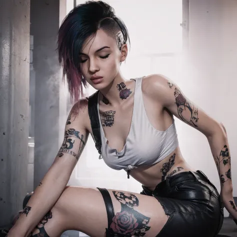 1girls,closed eyes,female,female only,punk,punk girl,tattoo,tattoos,thick lips,two tone hair