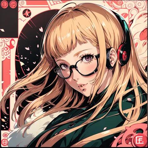 masutepiece, best quality, hight resolution, 1girl in, futaba sakura, blunt bangs, eye glassesの,purple eyes , ahoge,orange color...