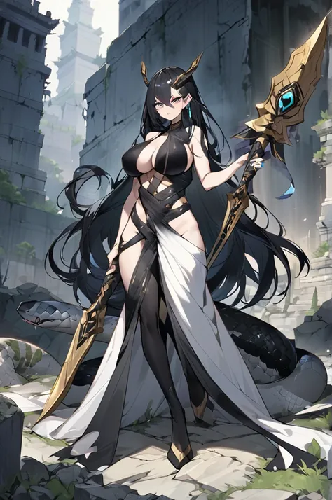 Snake woman, big breasts, defined, long black hair with a bluish tip, long sharp nails, dressed in wild costumes,Holding two stone blades, background of a temple in ruins,