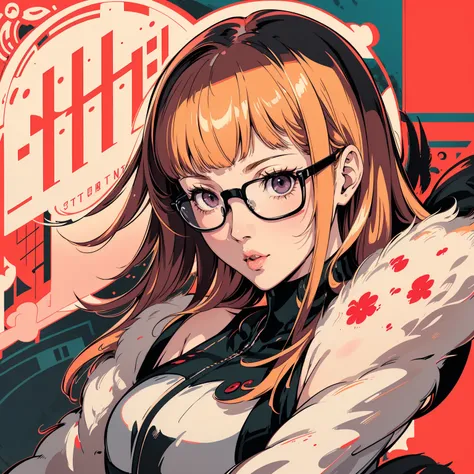 masutepiece, best quality, hight resolution, 1girl in, futaba sakura, blunt bangs, eye glassesの,purple eyes , ahoge,orange color...