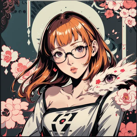 masutepiece, best quality, hight resolution, 1girl in, futaba sakura, blunt bangs, eye glassesの,purple eyes , ahoge,orange color...