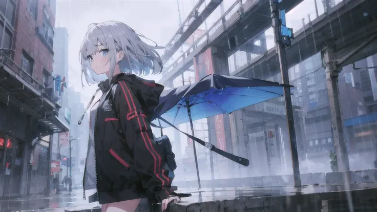 Very detailed, Detailed Background, One girl, alone, rain, Beautiful light, Unique angle, cyber punk, Grey Hair, Medium Hair, blue eyes, Floating Hair, Jacket,