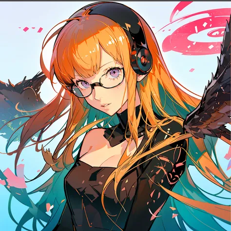 masutepiece, best quality, hight resolution, 1girl in, futaba sakura, blunt bangs, eye glassesの,purple eyes , ahoge,orange color...