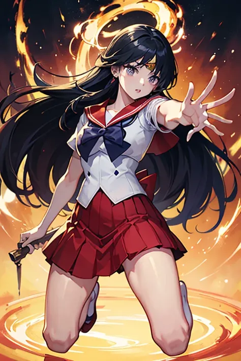 masterpiece, Highest quality, Absurd, Perfect Anatomy, One girl, alone, SM Mars, Very long hair, Parted bangs, Sailor Warrior Uniforms, Red Sailor Collar, Red Skirt, Elbow hand pockets, Get down on one knee、Sailor Warrior Uniformsが切り刻まれている、The skirt is cho...