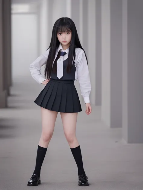 Full body photo,8K,Highest quality, High resolution, masterpiece,One girl, Long black hair,Schoolgirl Uniform, shy, blush, (masterpiece, Highest quality), Soft Light, Structure of the film, Cinematic Light