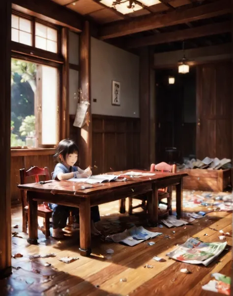 inside a japanese house during an earthquake。two children、アンゼンくんとボウサイちゃんがhiding under the deskいる。anzen-kun「hiding under the desk...