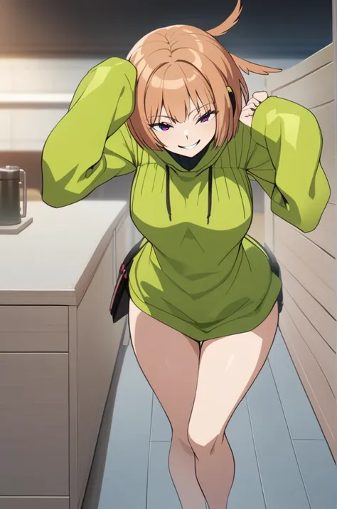 konami,one girl,smile, view your audience, masterpiece,highest quality,oversized hoodie