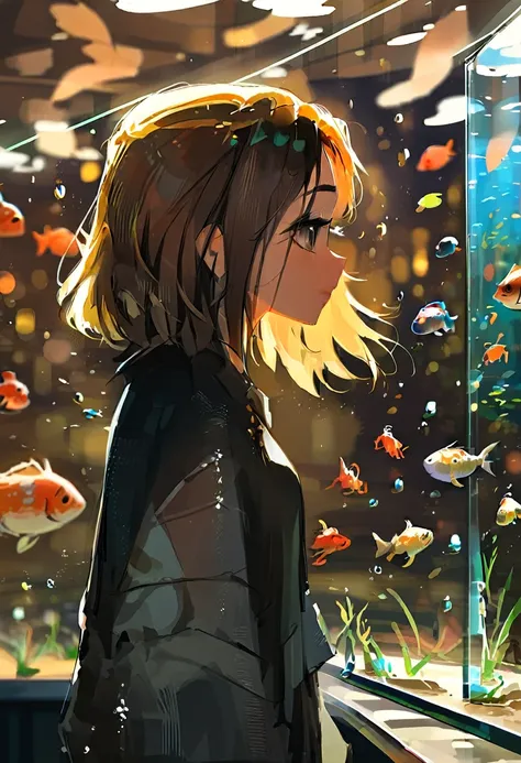 A beautiful lady, bob cut hair, watching gold fish in fish tank, side profile, extreme detail, cinematic, cinematic lighting, bokeh, very realistic, focus on face