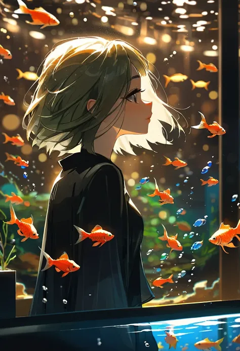 a beautiful lady, bob cut hair, watching gold fish in fish tank, side profile, extreme detail, cinematic, cinematic lighting, bo...