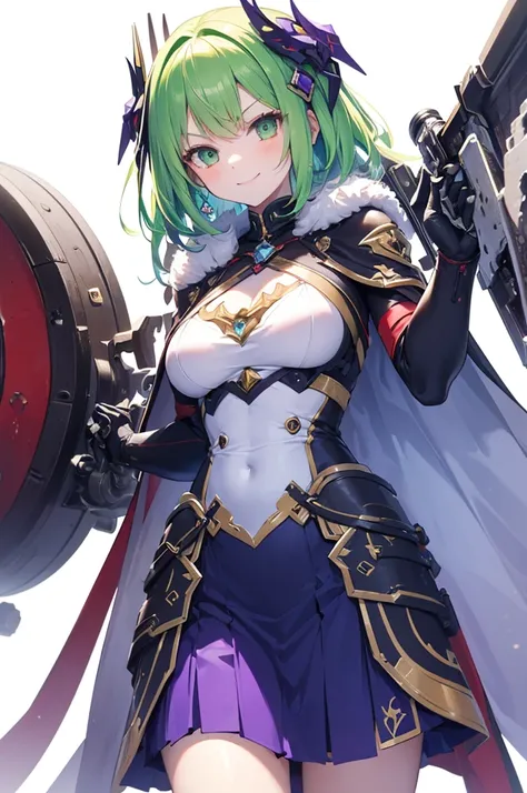 1 little cute girl, blonde wave hair, green eyes, (Holding a extra gigantic mechanical battle weapon:1.3), (evil smile:1.2),(serious:1.2),small breasts, (white background:1.2), purple knight fur_cloak, purple full metal armor, long skirt, light smile, gree...