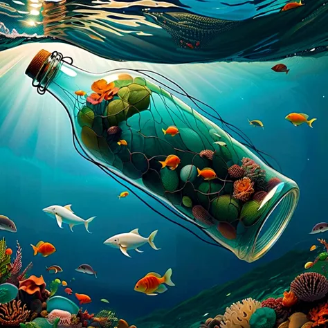 creative illustrations。environmentally friendly ideas。a big net in the ocean。like a jellyfish。many old bottles。