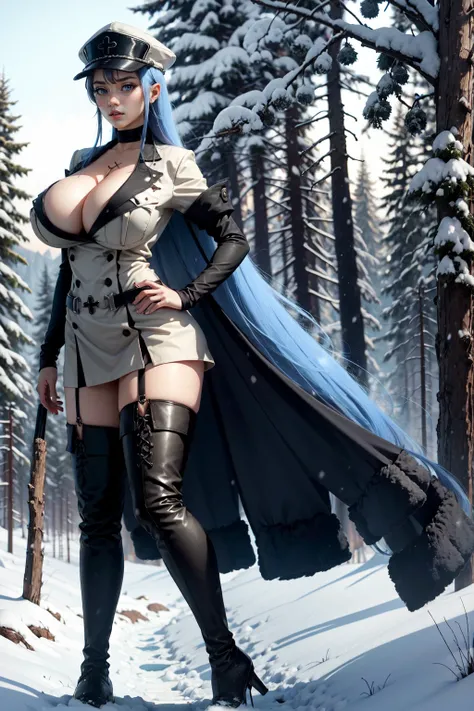 esdeath, long hair, hat, peaked cap, military, uniform, military uniform, choker, thighhighs, boots, thigh boots, chest tattoo(Beautiful detailed breasts),(Huge breasts), (((sexy pose, model pose, standing pose)))bra,forest,trees, montain,snow,