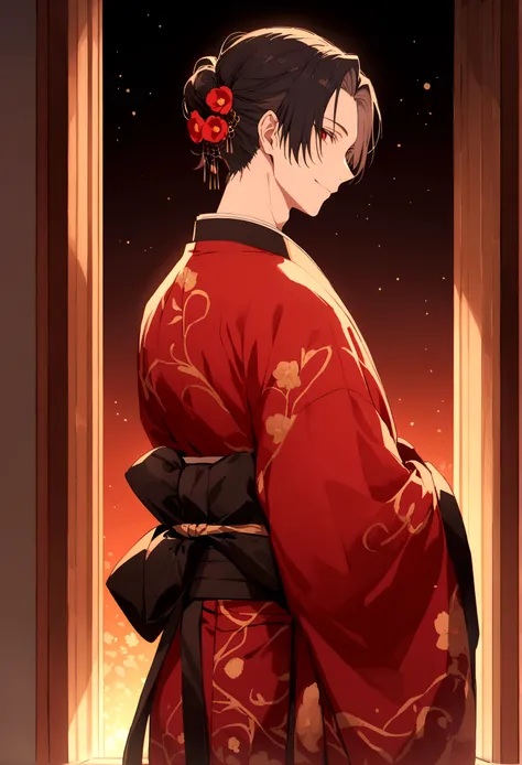 ((red eyes))、引きつけるred eyes、smile、crimson eyes、beautiful man、1 person、neutral、black hair、(red eyes)、kimono with camellia pattern、...