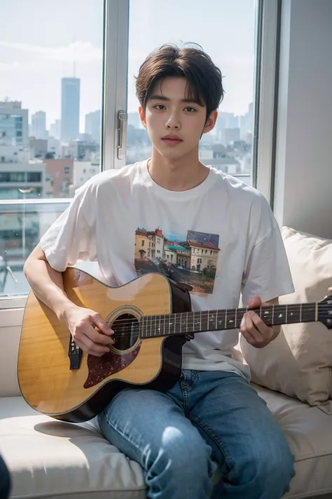 tmasterpiece，best qualtiy，hight resolution，超A high resolution，hyunjin，realisticlying，Young men，Korean Idol、Handsome face，natural soft light，looking at viewert，korean cityscape、guitarist、white t-shirts、black jeans, white converse high shoes, smoking at the ...