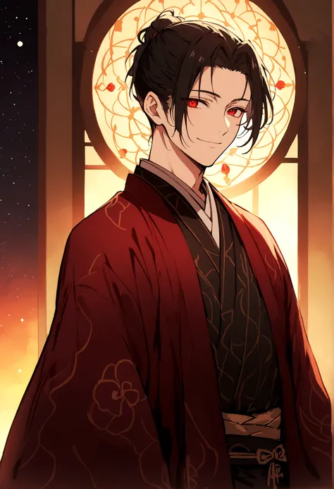 ((red eyes))、引きつけるred eyes、smile、crimson eyes、beautiful man、1 person、neutral、black hair、(red eyes)、kimono with camellia pattern、...