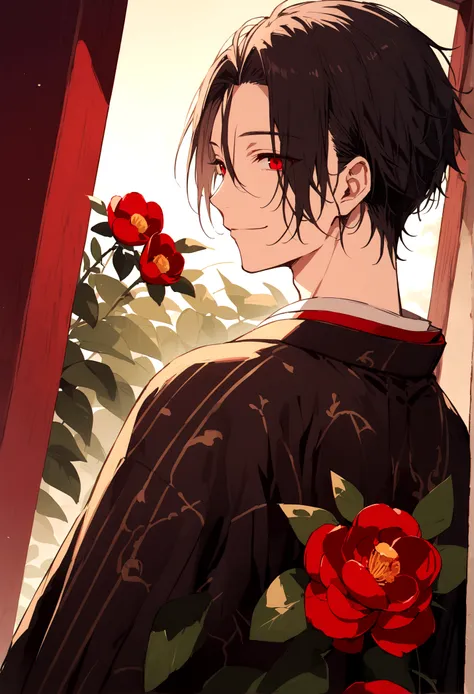 ((red eyes))、引きつけるred eyes、smile、crimson eyes、beautiful man、1 person、neutral、black hair、(red eyes)、kimono with camellia pattern、...