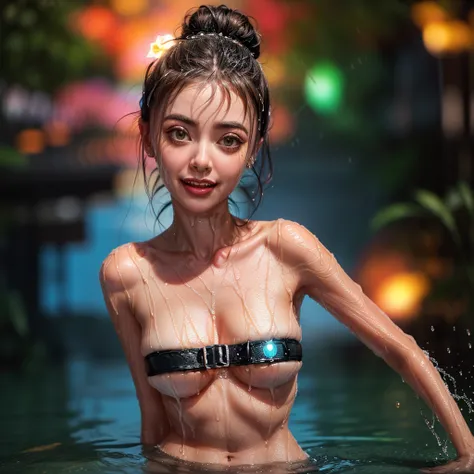 masterpiece of ExtremelyDetailed (ProfessionalPhoto of Stunning women:1.4) Looking at Sky, (((Downpour))), BraidHair with bun, (Joyful Expressions LifeLike Rendering), ((Extremely detailed beautiful face and eyes, ElaboratePupils with sparkling highlights)...