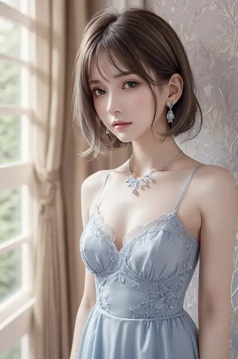 blue lace thong&Good, (((Very elegant and beautiful, Perfect detail, Super detailed))), whole body, The most detailed girl, Depth of written boundary, 美しく詳細なwhole body, Thin legs, 1 girl, 30 years old, Very short hair, Spiked Hair, Gray and silver hair, Be...