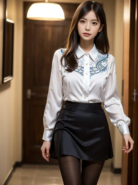 Classy upper class elite secretary in luxury silk blouse, Skirt and thighs、27 years old、height　162cm、Walking down the hallway、Office uniform, (Wearing pantyhose,Realistic pantyhose)、Working in the office、Wearing an ultra-thin satin blouse, Wear high-qualit...