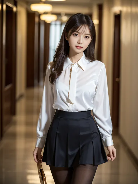 Classy upper class elite secretary in luxury silk blouse, Skirt and thighs、27 years old、height　162cm、Walking down the hallway、Office uniform, (Wearing pantyhose,Realistic pantyhose)、Working in the office、Wearing an ultra-thin satin blouse, Wear high-qualit...