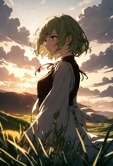 Girl with short hair，grassland，pastures，wind