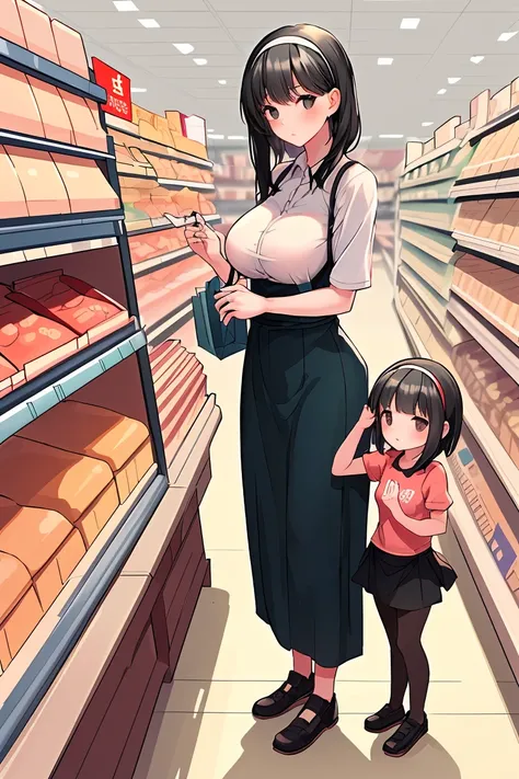 mother and daughter　height difference　black hair　shortcuts　hair band　shopping　supermarket　beautiful breasts