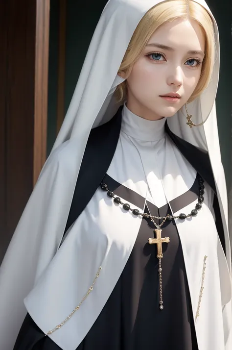 Beautiful blonde nun with rosary around her neck, long, scattered hair, religious, アニメ, realistic hd