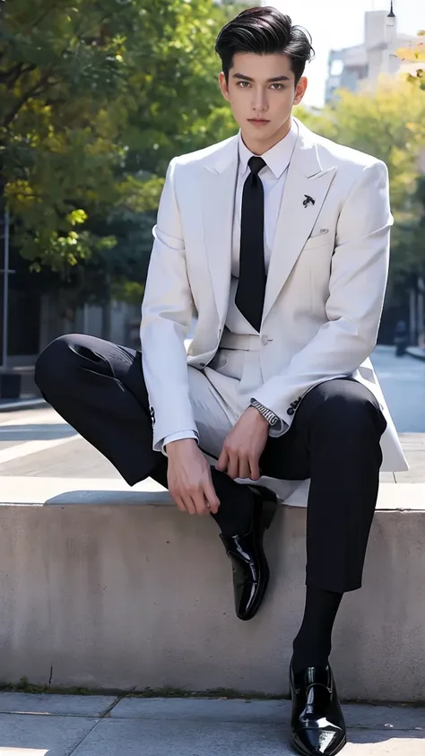 1 man, best quality, masterpiece, realistic, shortcut, white suit, black silk socks, black oxford shoes, sitting, full body,fit ...