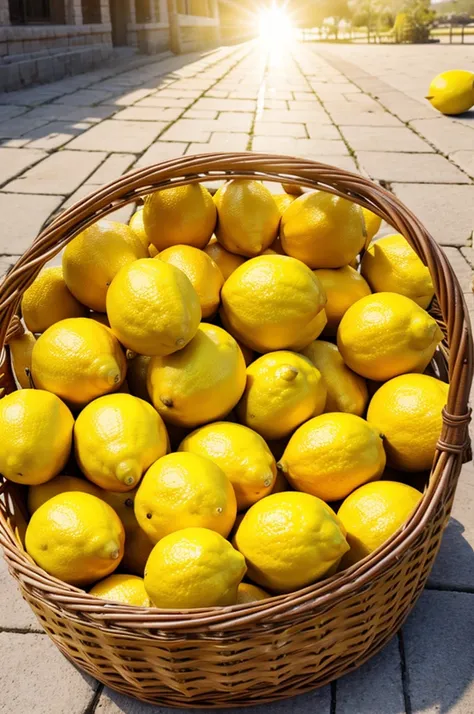 A bright, smiling sun in the sky with rays spreading out, and a basket full of fresh yellow lemons underneath