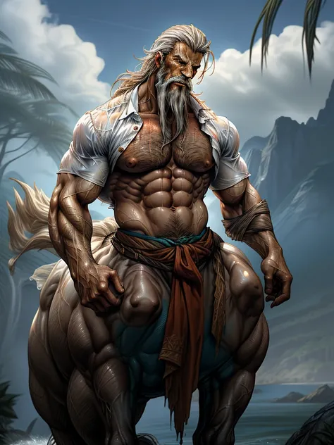 male character dressed up in a fancy outfit riding a huge horse into the water, 1man, middle-aged, centaur, taur, solo, male focus, wet clothes, wet, bara, shirt, abs, muscular, nipples, muscular male, open shirt, wet shirt, pectorals, penis, facial hair, ...